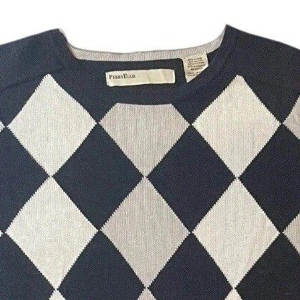 Perry Ellis Argyle Sweater Mens Large Black Grey Cotton Rayon Knit Pullover